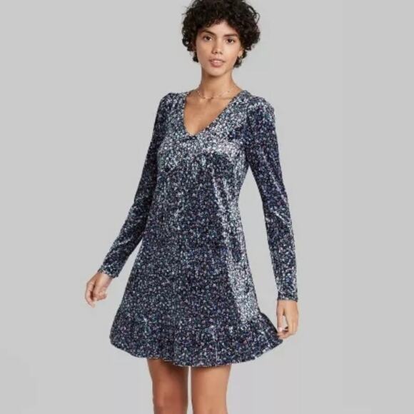 Wild Fable NWT Purple Floral Print Velvet Long Sleeve Fit & Flare Mini Dress - Picture 1 of 9